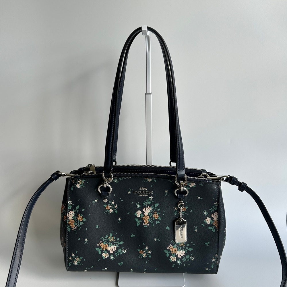Coach Etta Carryall Rose Bouquet Navy Pebbled Leather‎ Crossbody Bag NWT